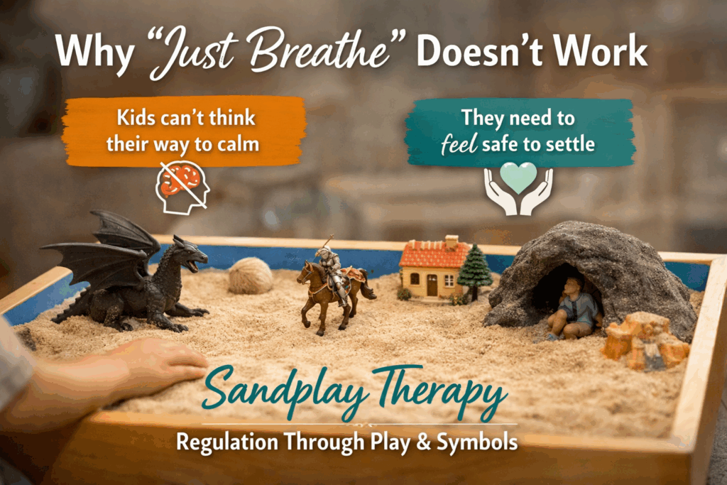 Child using sandplay therapy to support emotional regulation in a safe, calm therapeutic space
